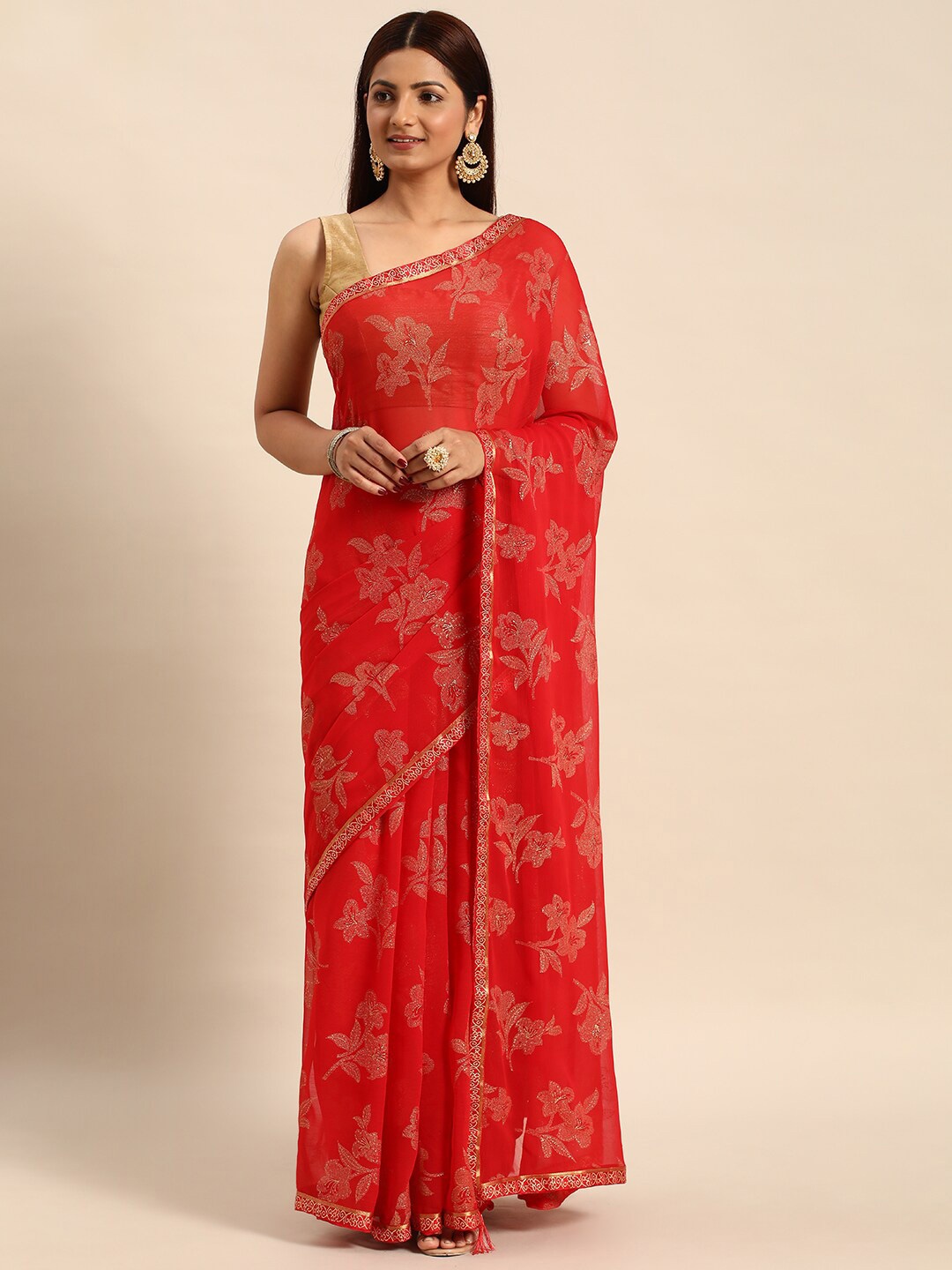 

KALINI Floral Printed Zari Saree, Red