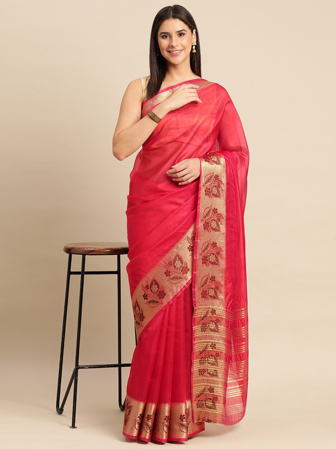 

KALINI Zari Silk Cotton Saree, Red