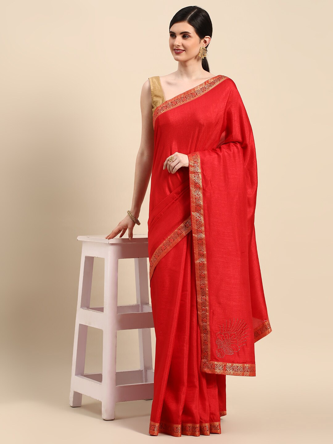 

KALINI Woven Design Border Zari Pure Silk Saree, Red