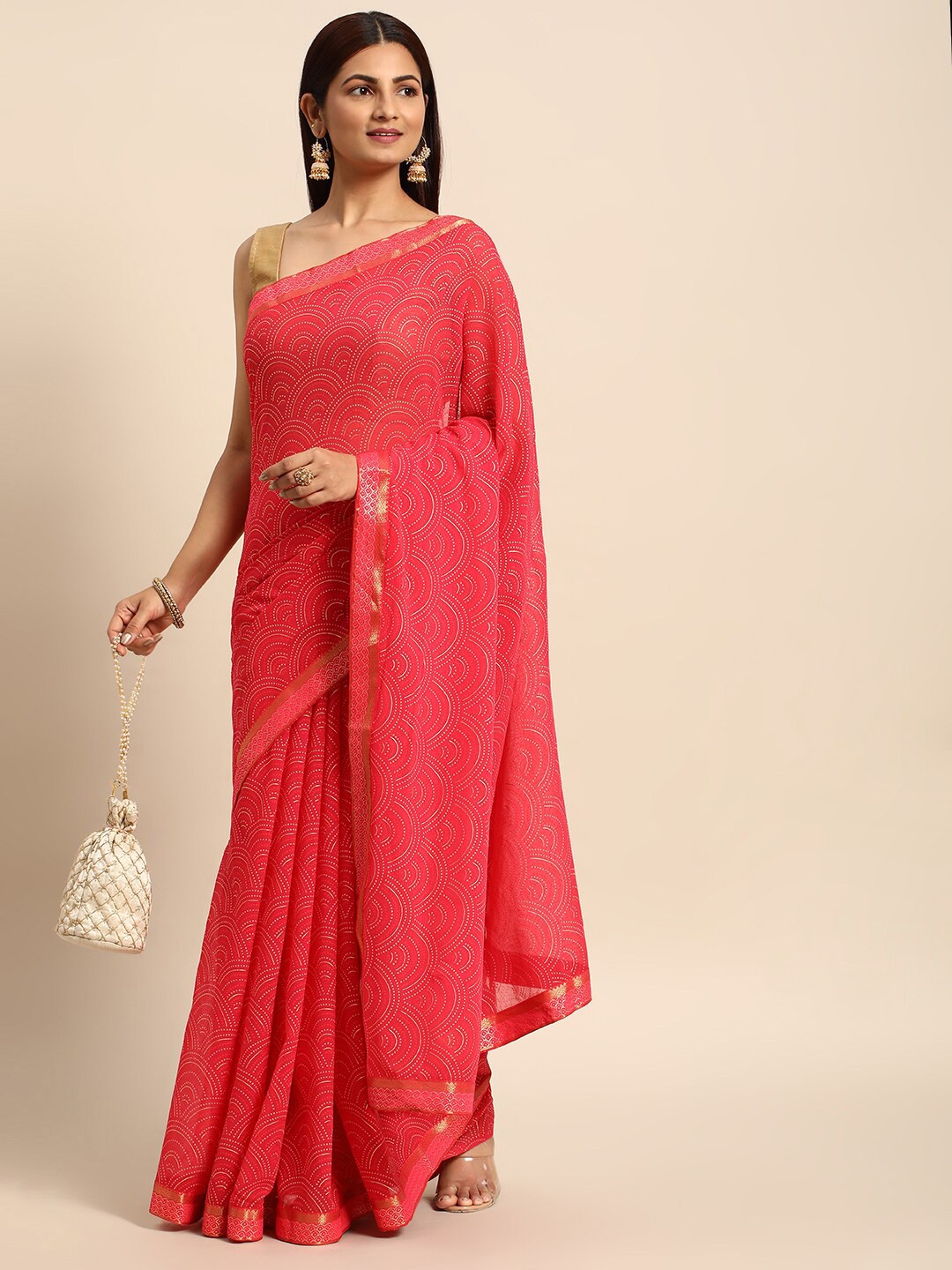 

KALINI Geometric Printed Zari Saree, Pink