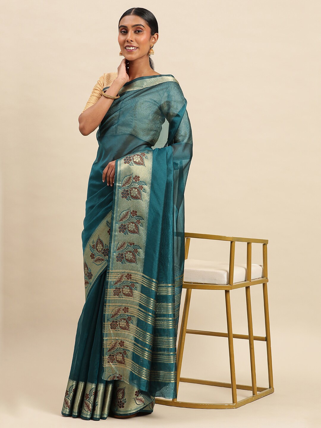 

KALINI Zari Silk Cotton Saree, Blue