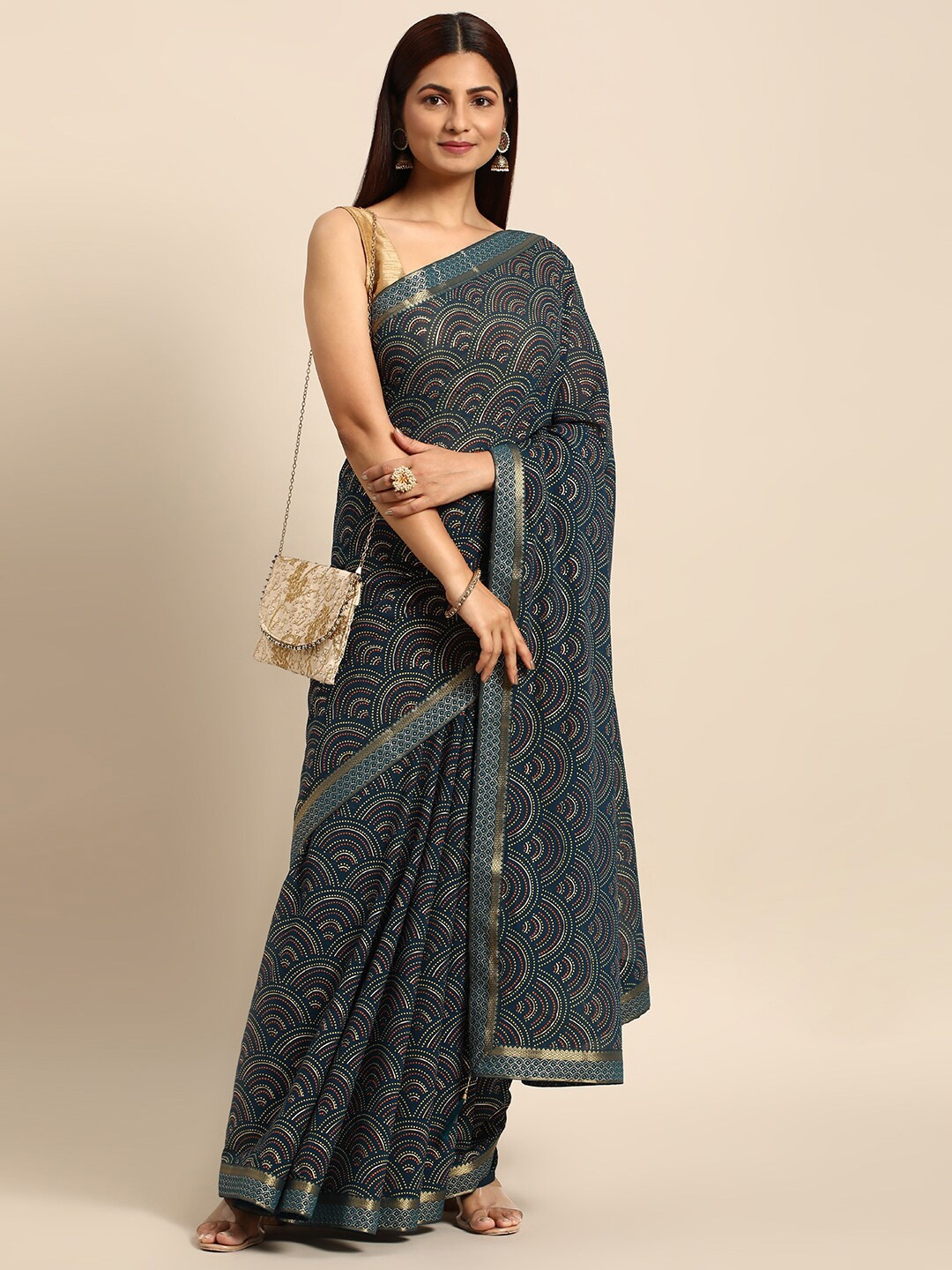 

KALINI Geometric Printed Zari Saree, Green