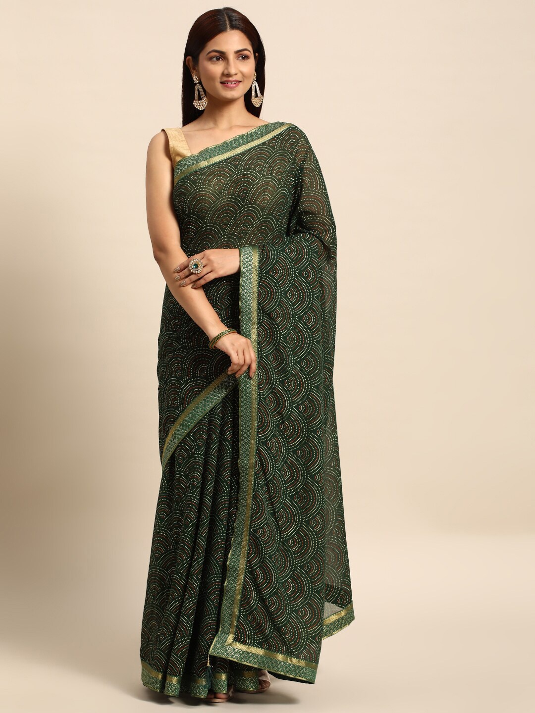 

KALINI Geometric Printed Zari Saree, Green