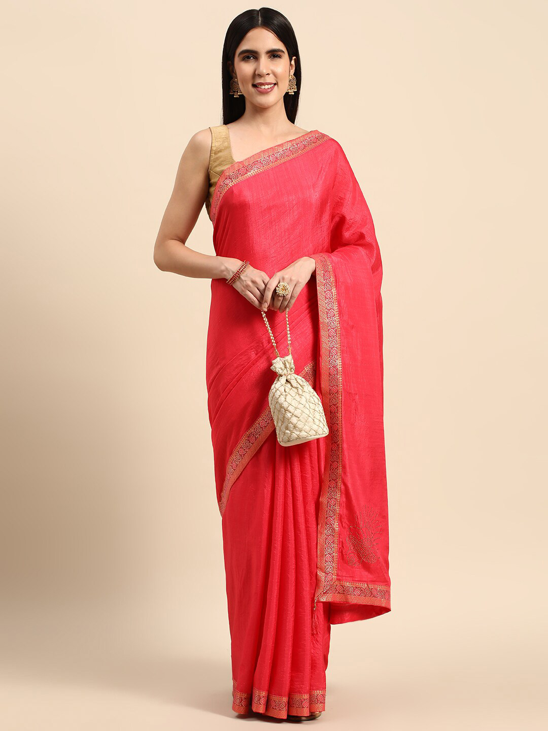 

KALINI Woven Design Border Saree, Pink