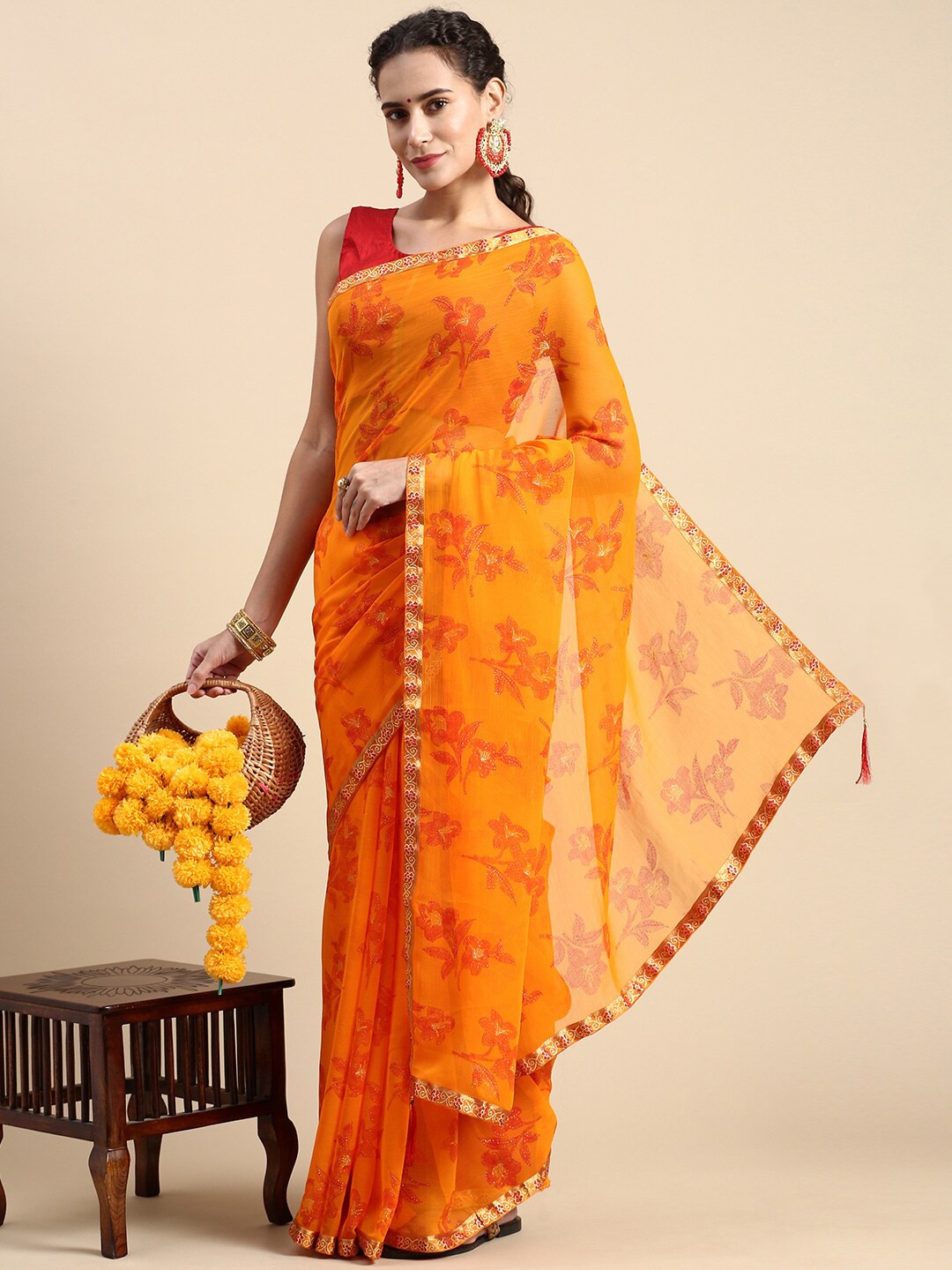 

KALINI Floral Printed Zari Saree, Orange