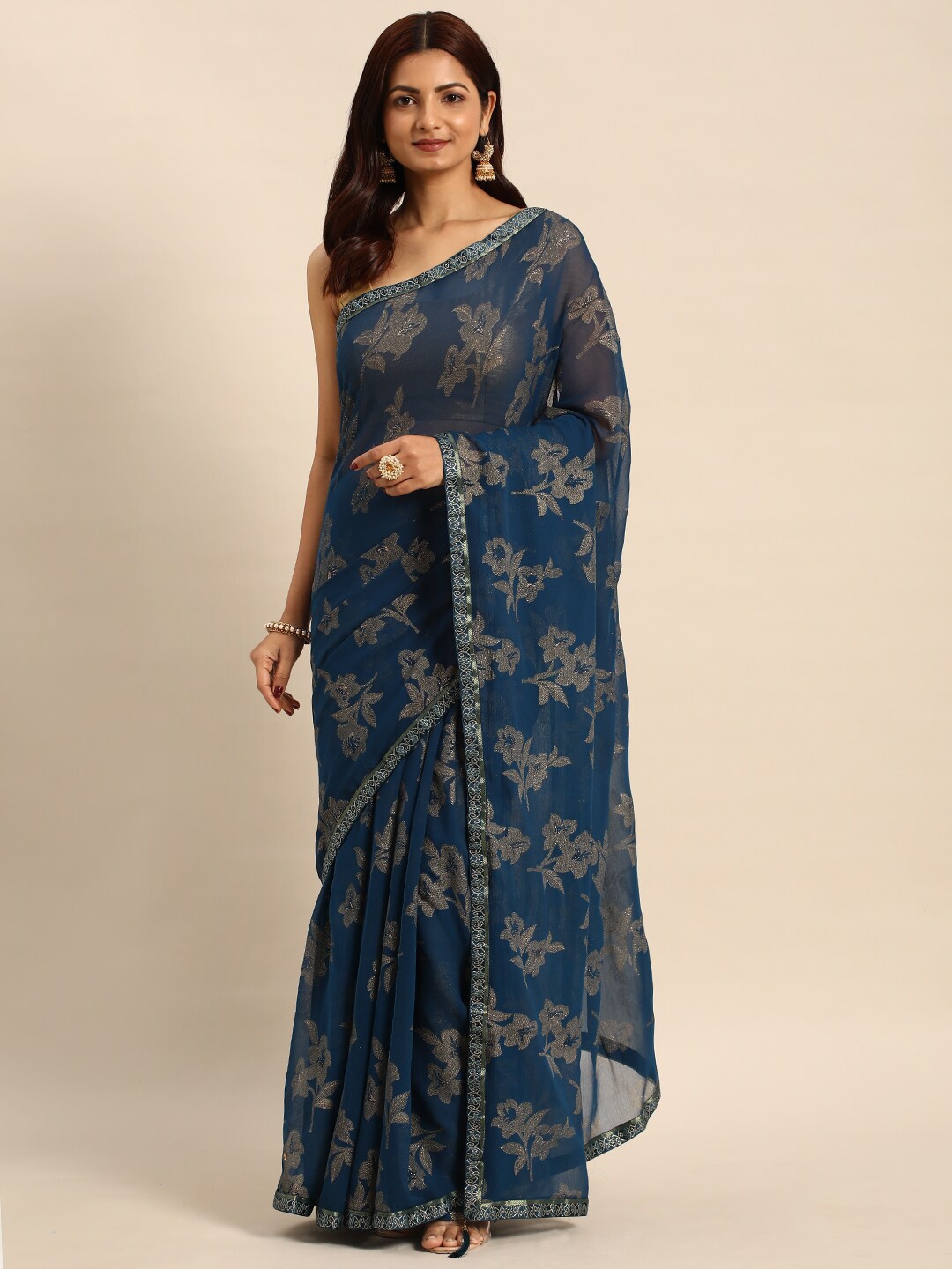 

KALINI Floral Printed Embroidered Saree, Blue