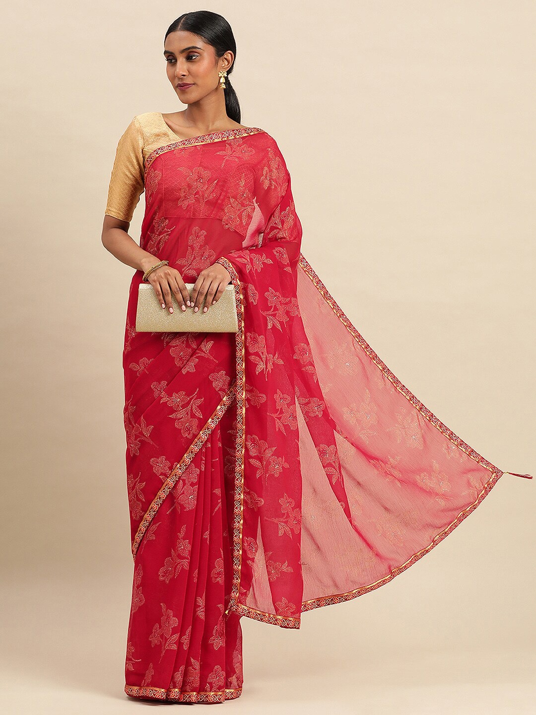

KALINI Floral Printed Zari Saree, Maroon