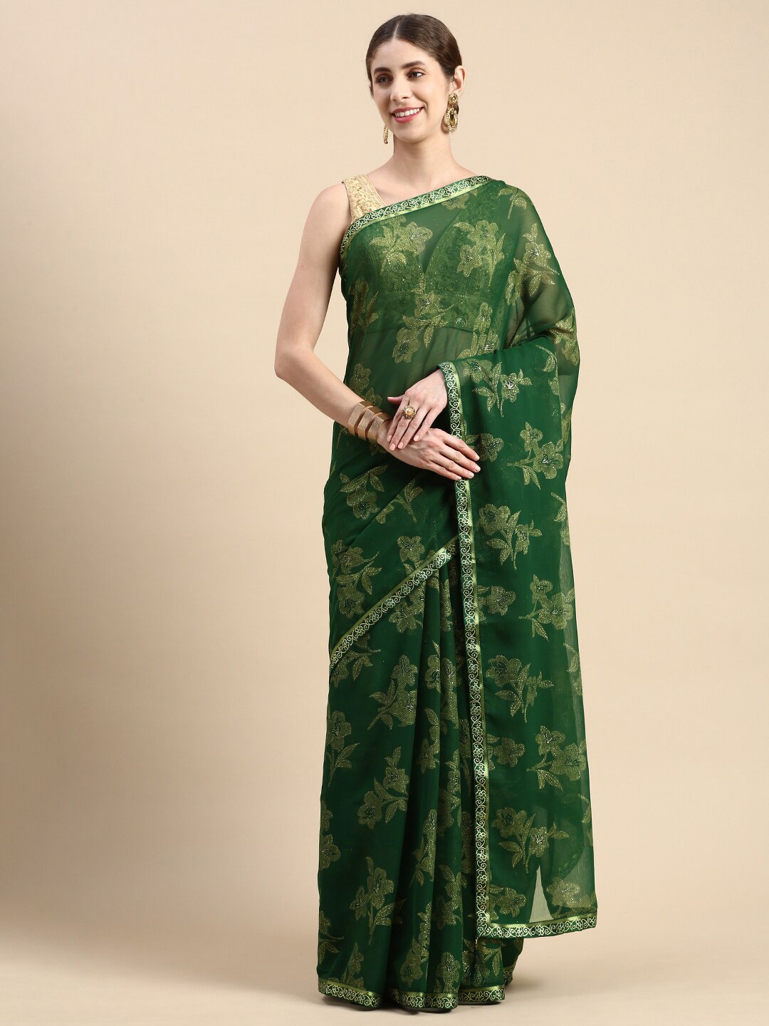 

KALINI Floral Printed Zari Saree, Green