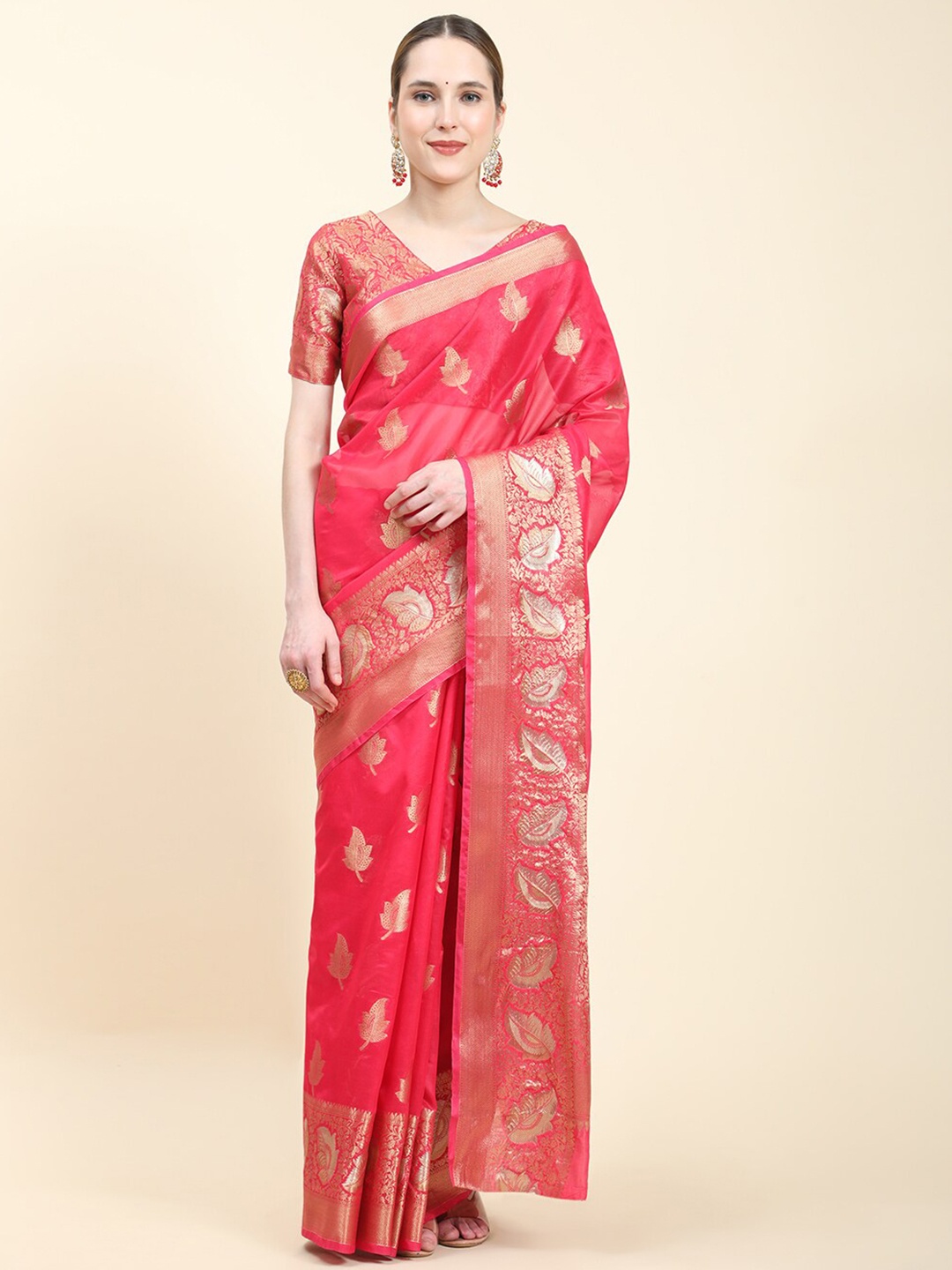 

MARGI DESIGNERS Ethnic Motifs Woven Design Zari Silk Cotton Kanjeevaram Saree, Pink