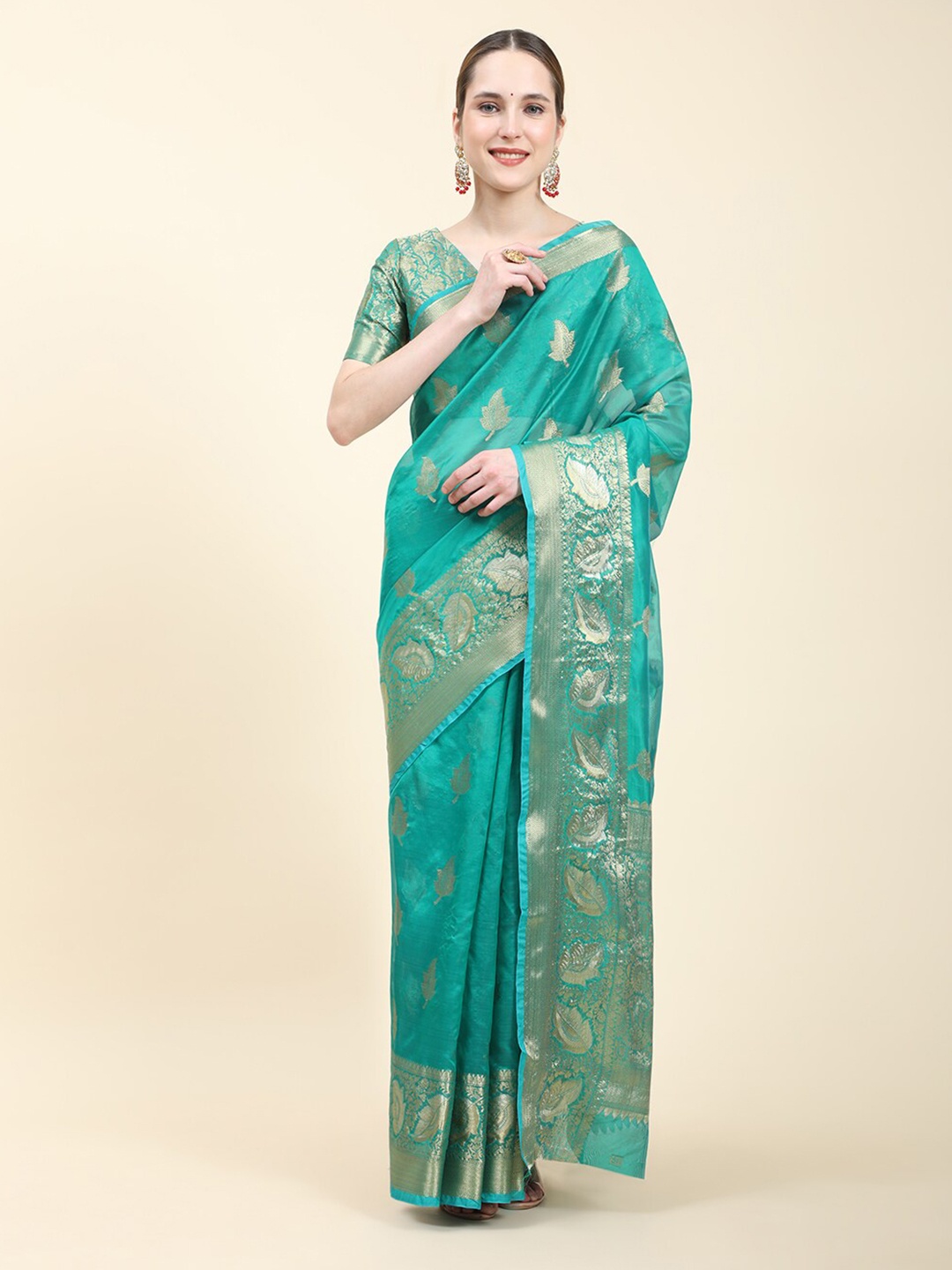 

MARGI DESIGNERS Ethnic Motifs Woven Design Zari Silk Cotton Kanjeevaram Saree, Turquoise blue