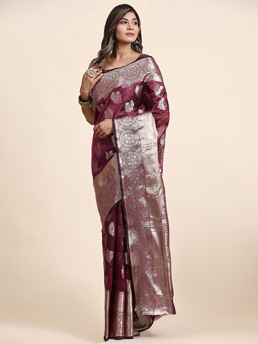 

MARGI DESIGNERS Ethnic Motifs Woven Design Zari Organza Kanjeevaram Saree, Purple