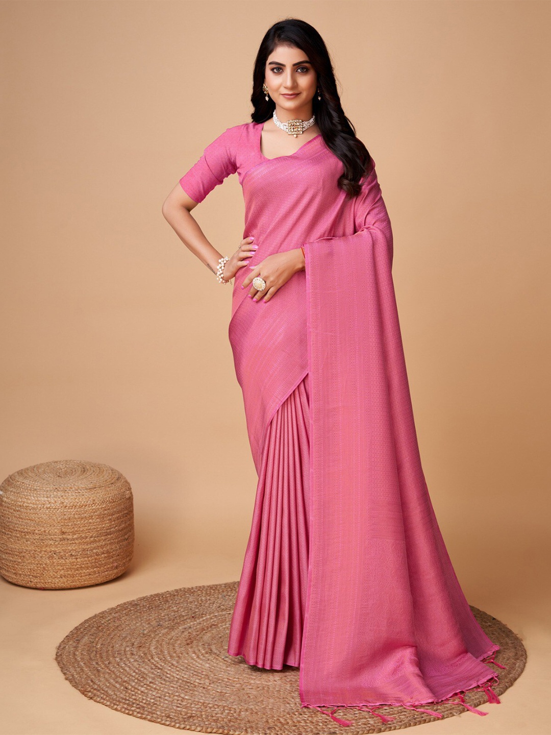 

MARGI DESIGNERS Ethnic Motifs Woven Design Zari Kanjeevaram Saree, Pink