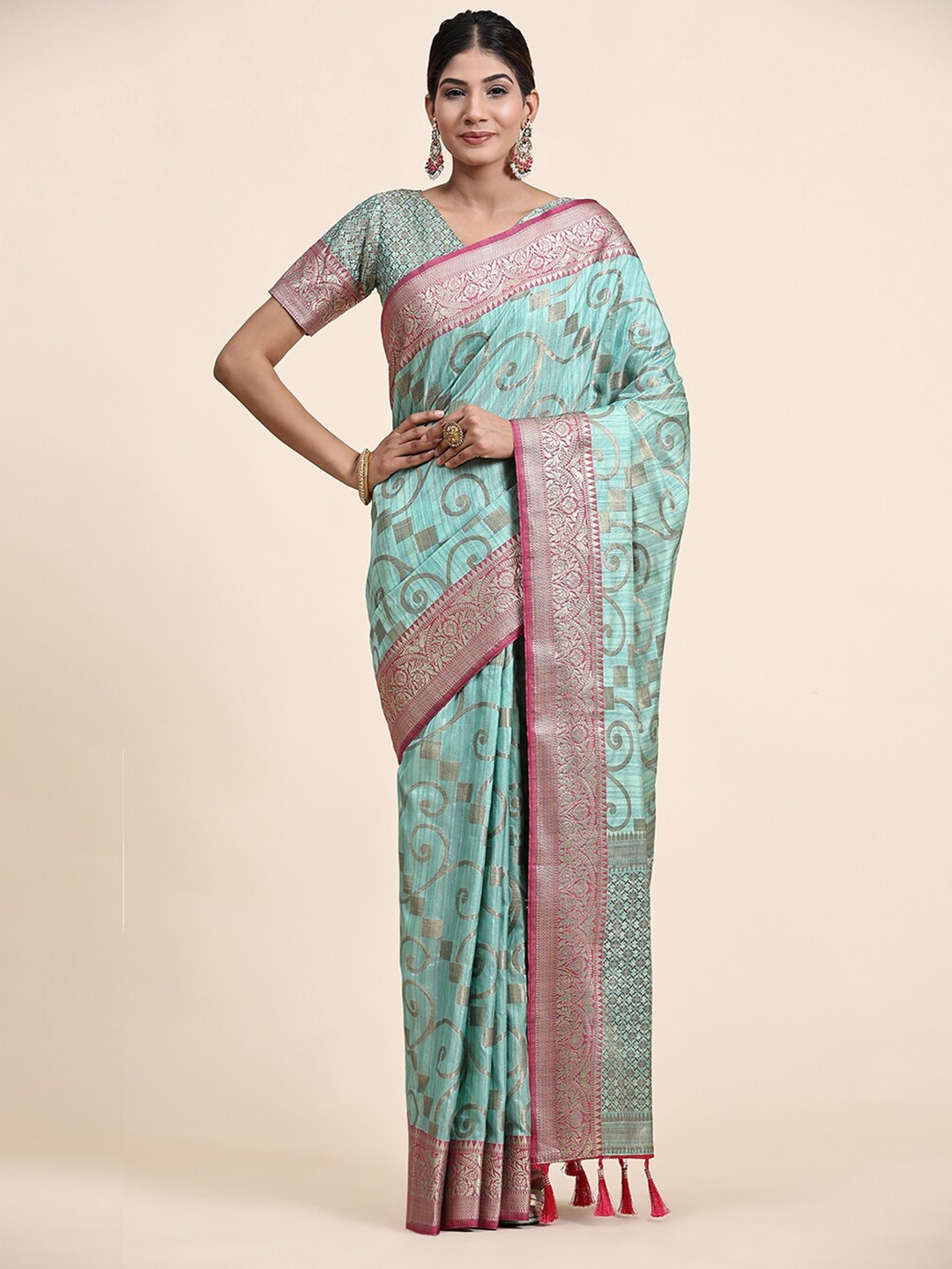 

MARGI DESIGNERS Ethnic Motifs Woven Design Zari Silk Cotton Kanjeevaram Saree, Turquoise blue