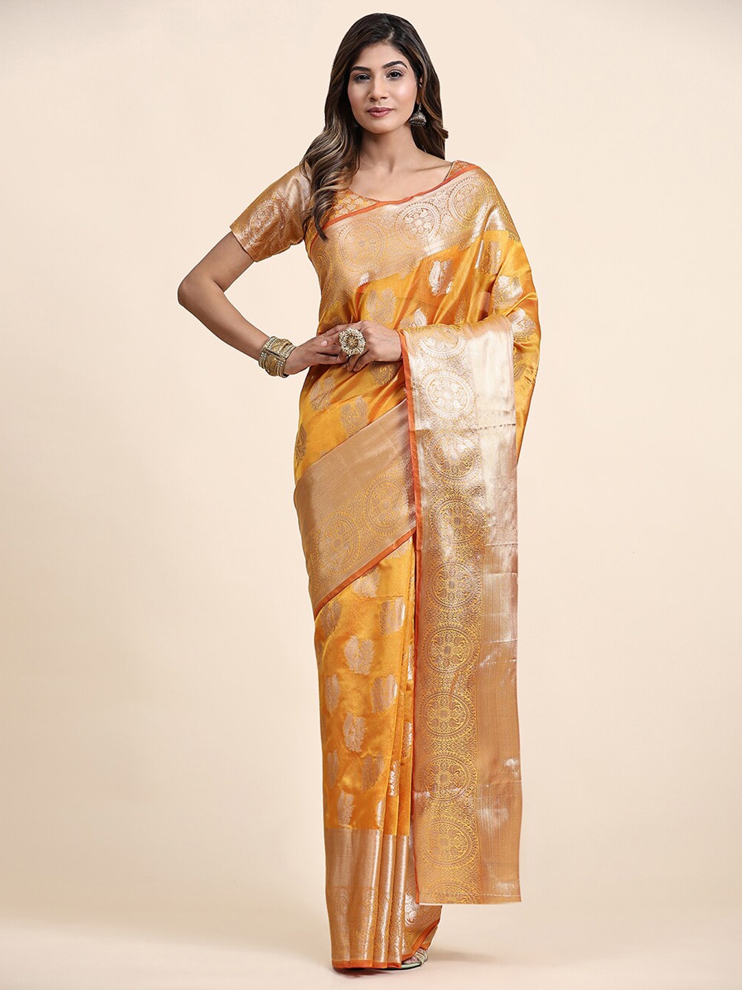 

MARGI DESIGNERS Ethnic Motifs Woven Design Zari Organza Kanjeevaram Saree, Yellow