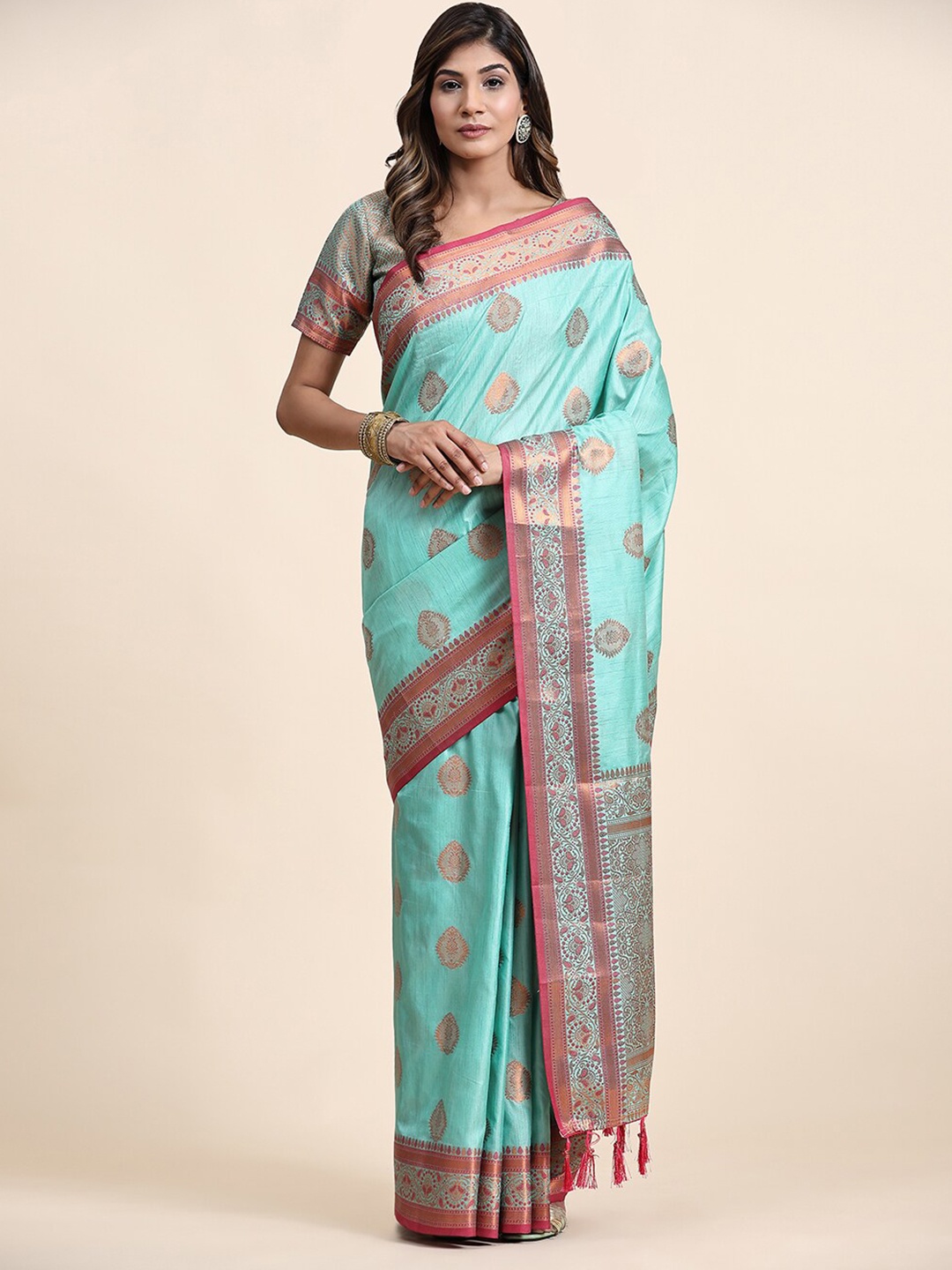 

MARGI DESIGNERS Ethnic Motifs Woven Design Zari Silk Cotton Kanjeevaram Saree, Turquoise blue