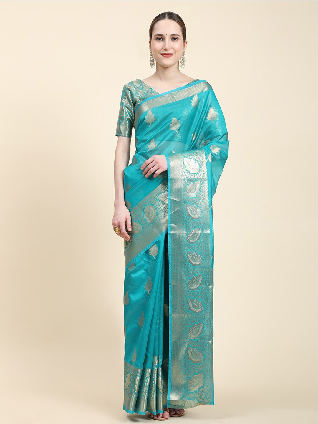 

MARGI DESIGNERS Ethnic Motifs Woven Design Zari Silk Cotton Kanjeevaram Saree, Turquoise blue