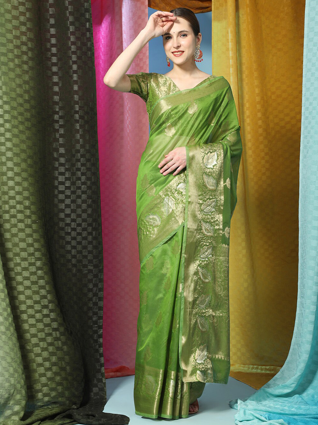 

MARGI DESIGNERS Ethnic Motif Woven Design Zari Silk Cotton Kanjeevaram Saree, Green