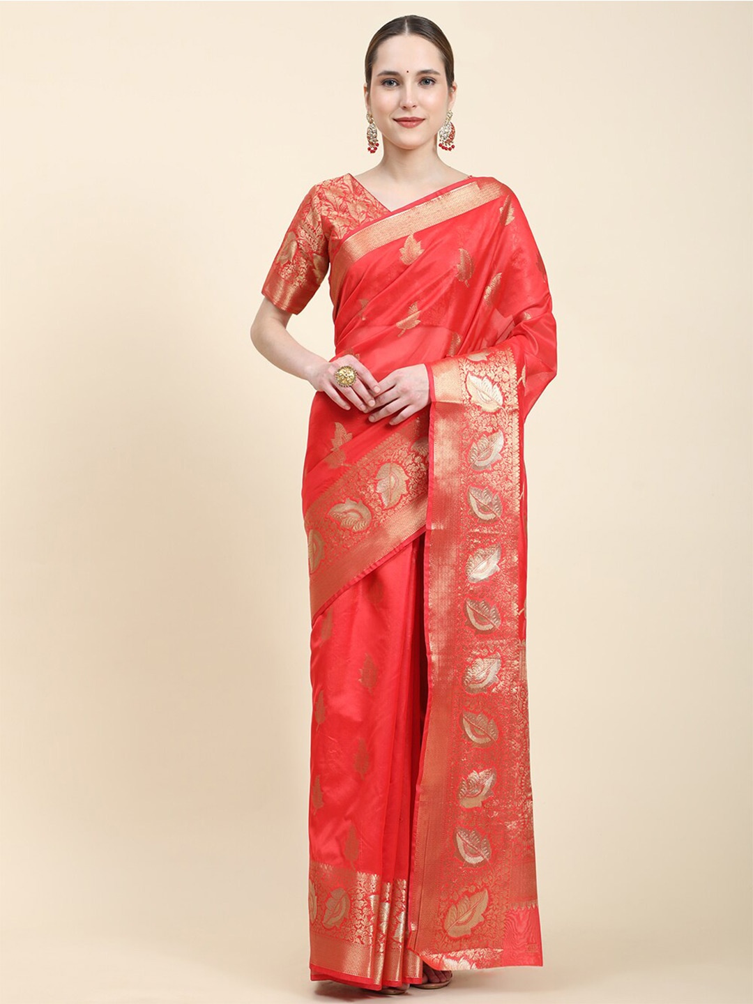 

MARGI DESIGNERS Ethnic Motif Woven Design Zari Silk Cotton Kanjeevaram Saree, Red