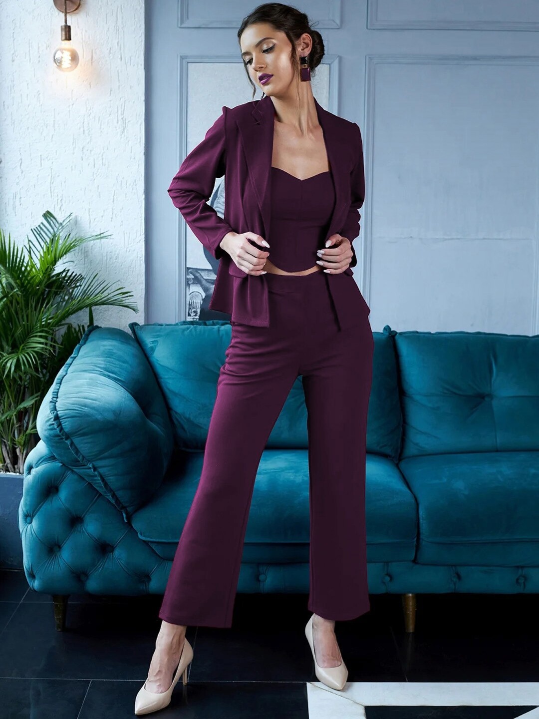 

Paramparik Textile Top With Blazer & Trousers, Purple