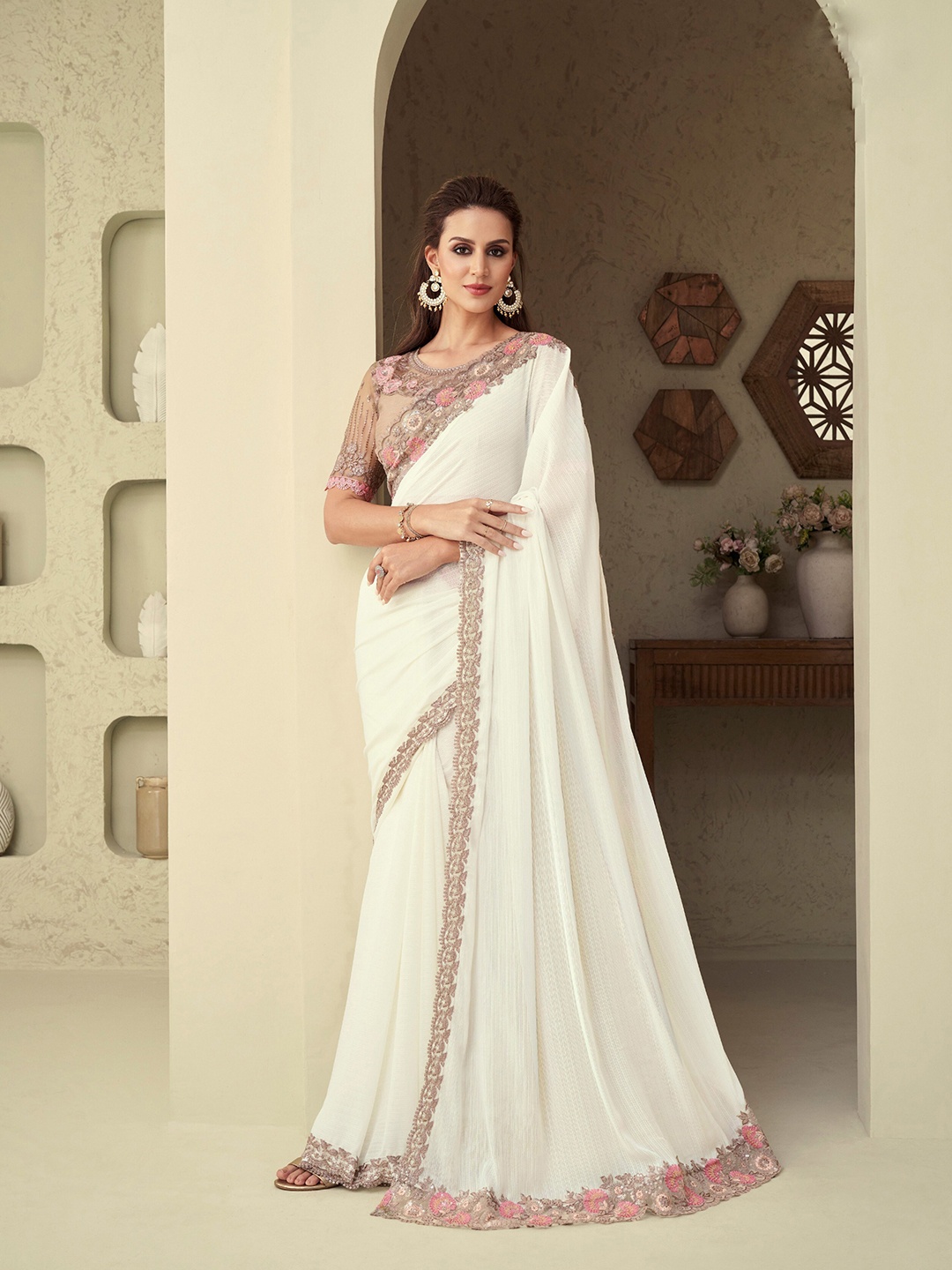 

Mitera White & Pink Sequinned Silk Blend Saree