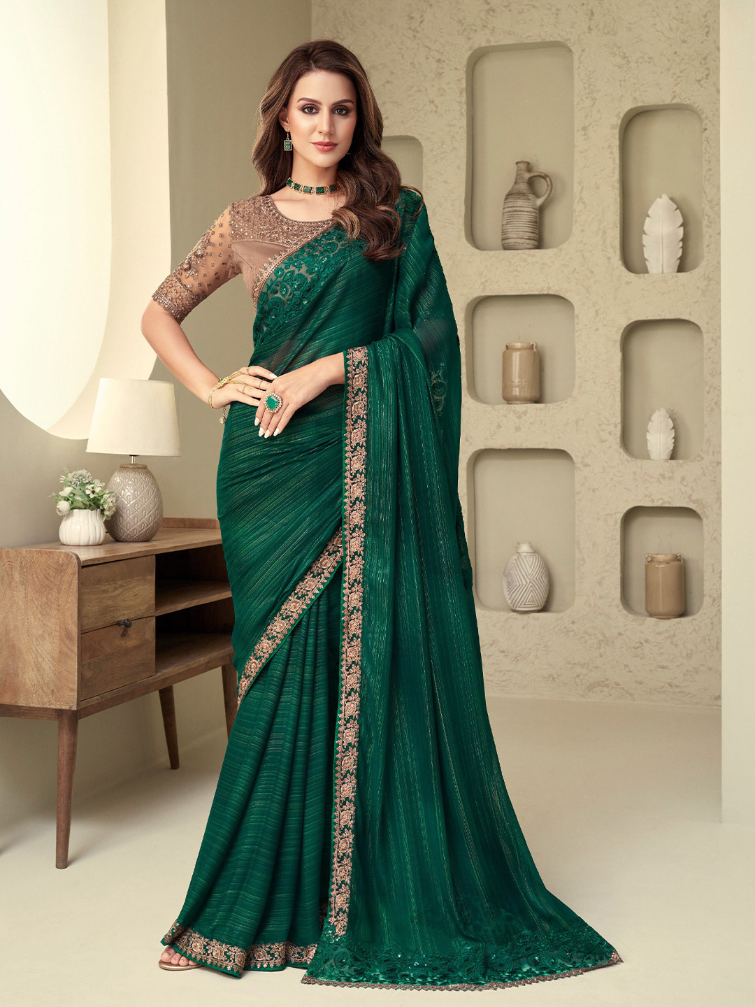 

Mitera Green & Gold-Toned Woven Design Sequined Saree