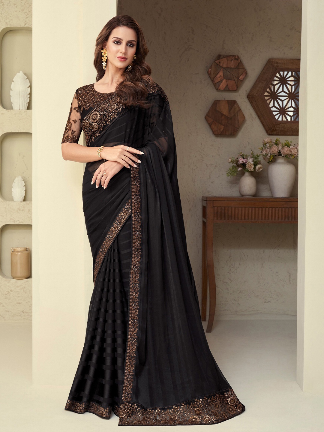 

Mitera Black & Gold-Toned Sequinned Silk Blend Saree