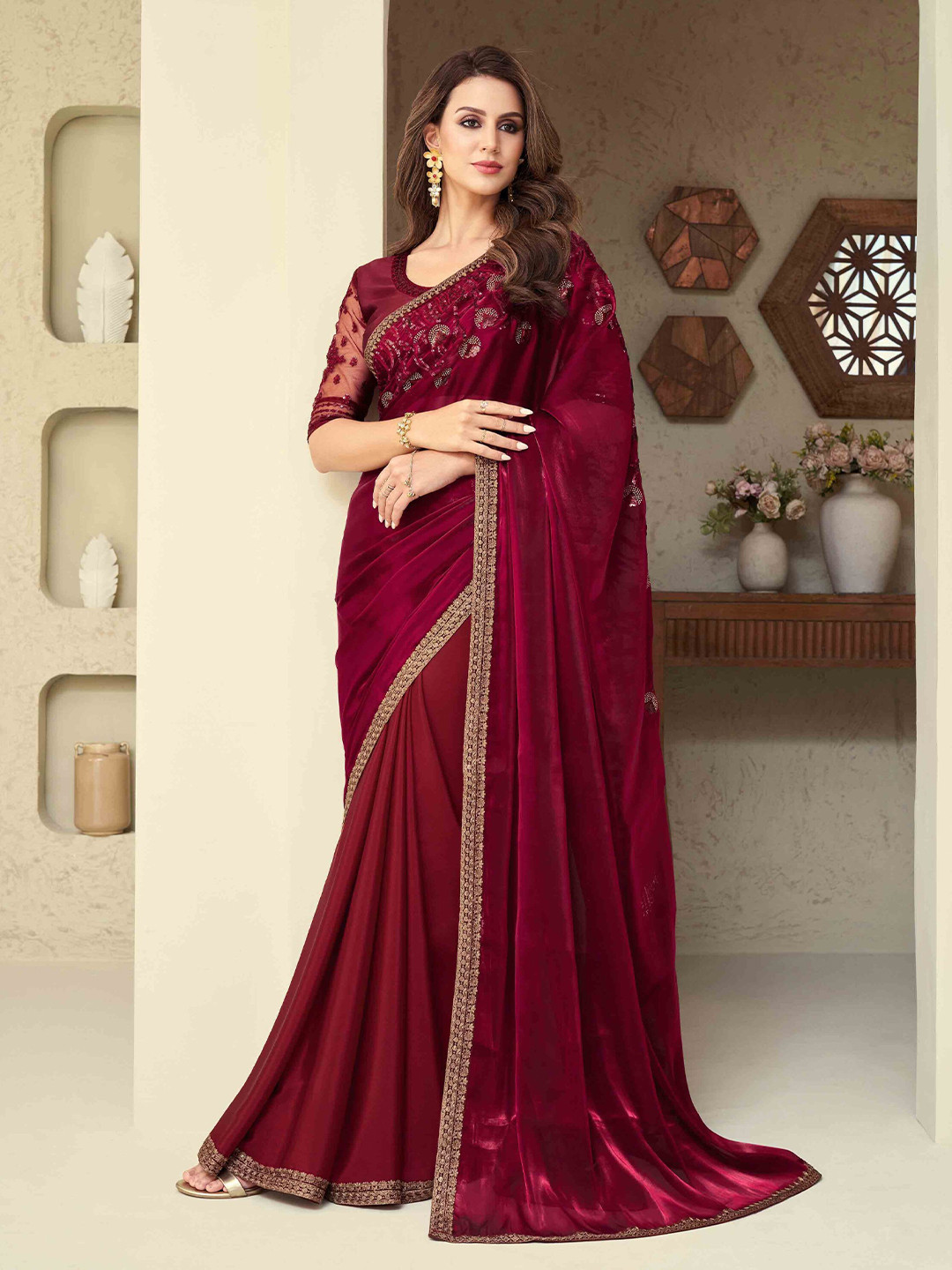 

Mitera Ethnic Motifs Embroidered Border Sequined Saree, Maroon