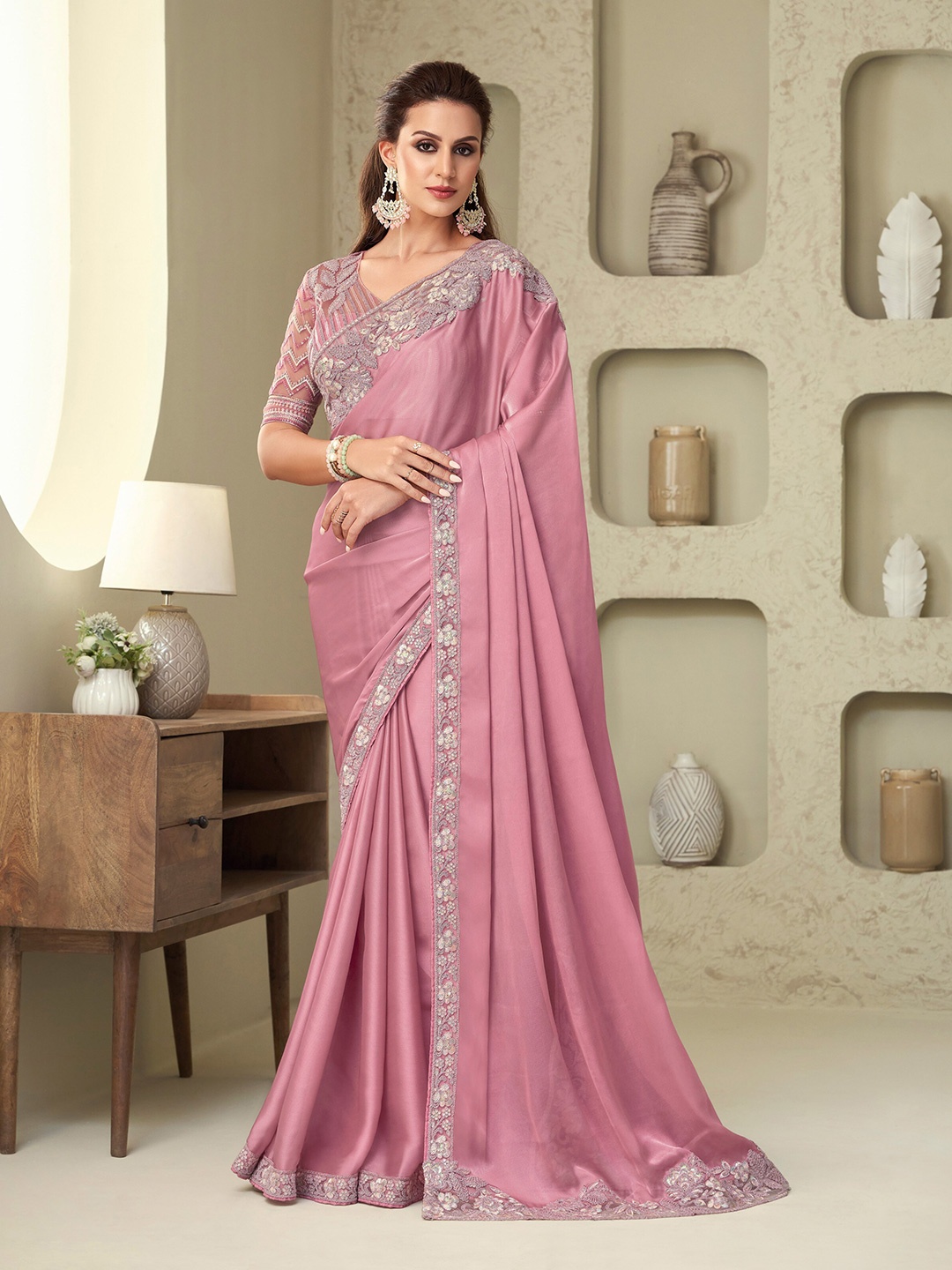 

Mitera Embroidered Sequinned Saree, Pink