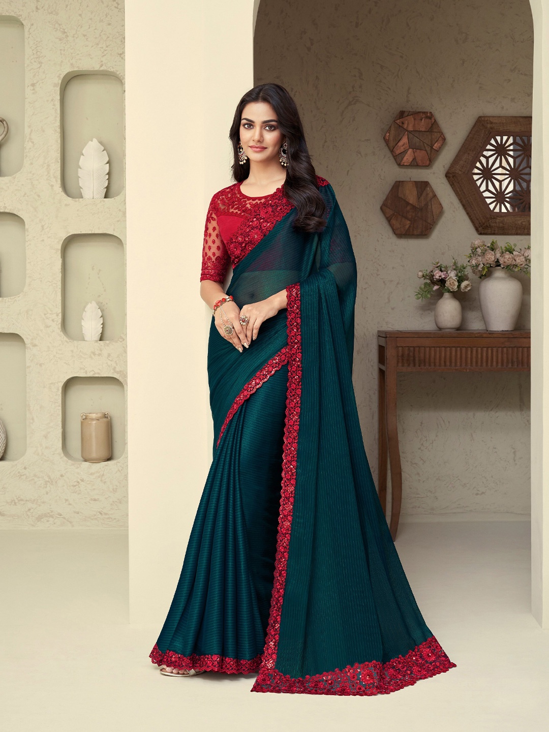 

Mitera Striped Embroidered Saree, Teal