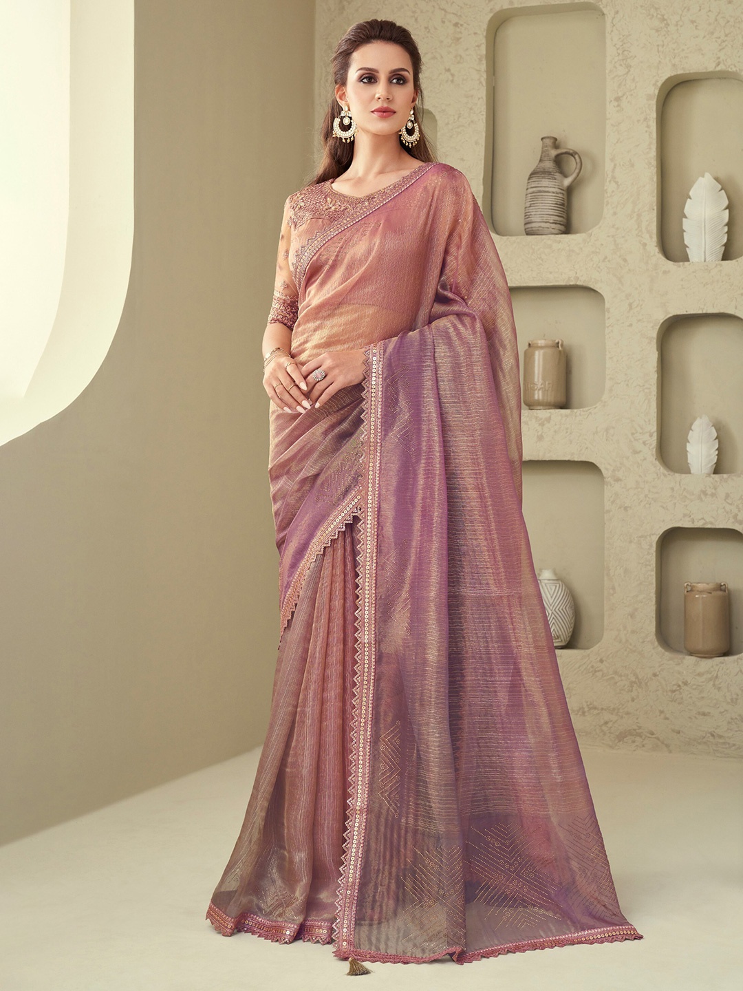 

Mitera Ombre Sequinned Linen Saree, Peach