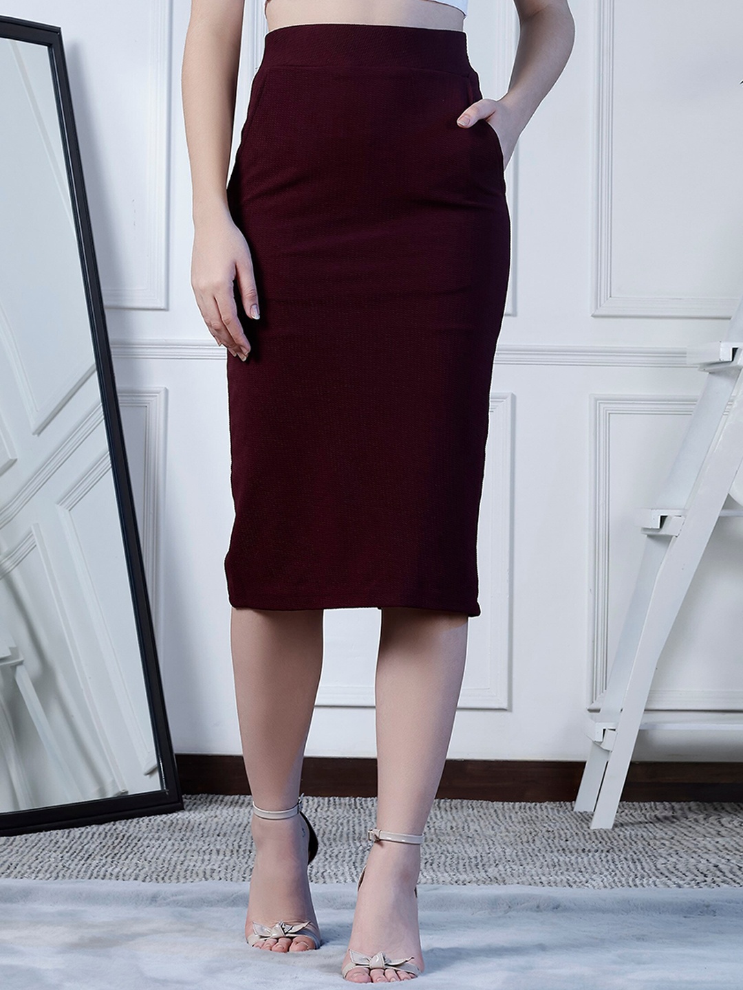 

NEUDIS High-Rise Pencil Midi Skirt, Burgundy