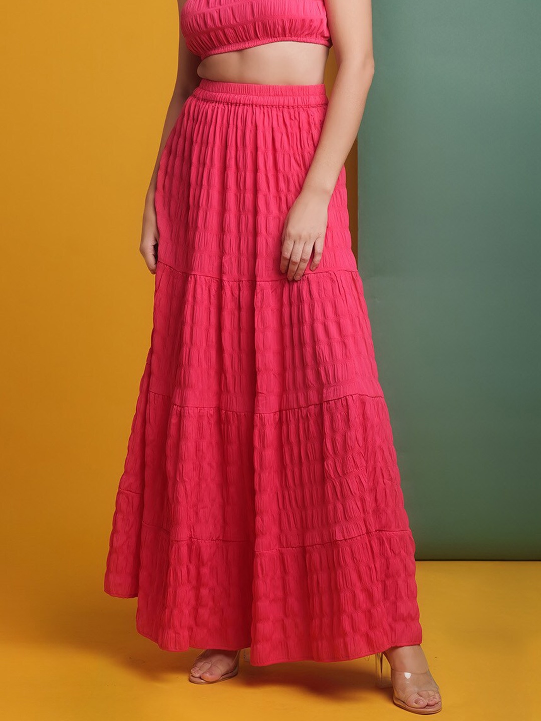 

Freehand by The Indian Garage Co Self Design Gathered Maxi Tiered Skirt, Pink