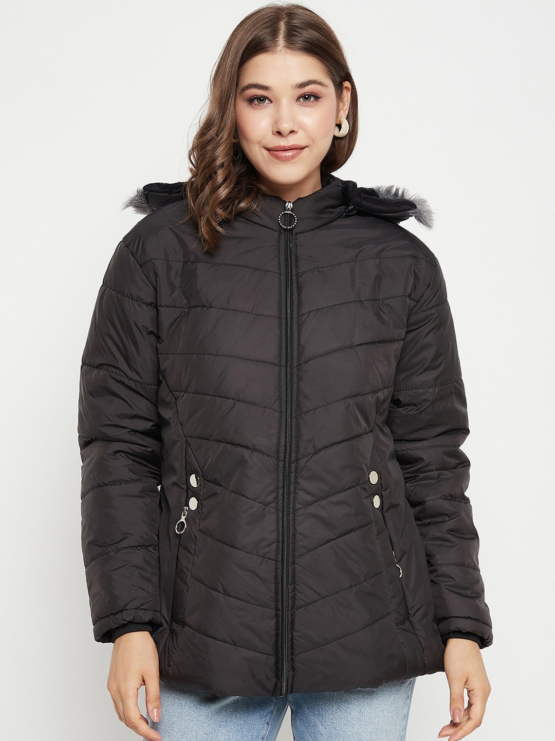 

BETTER THINK Hooded Faux Fur Trim Lightweight Padded Jacket, Black