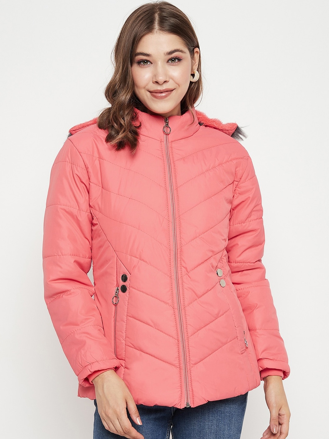 

BETTER THINK Hooded Faux Fur Trim Lightweight Puffer Jacket, Pink