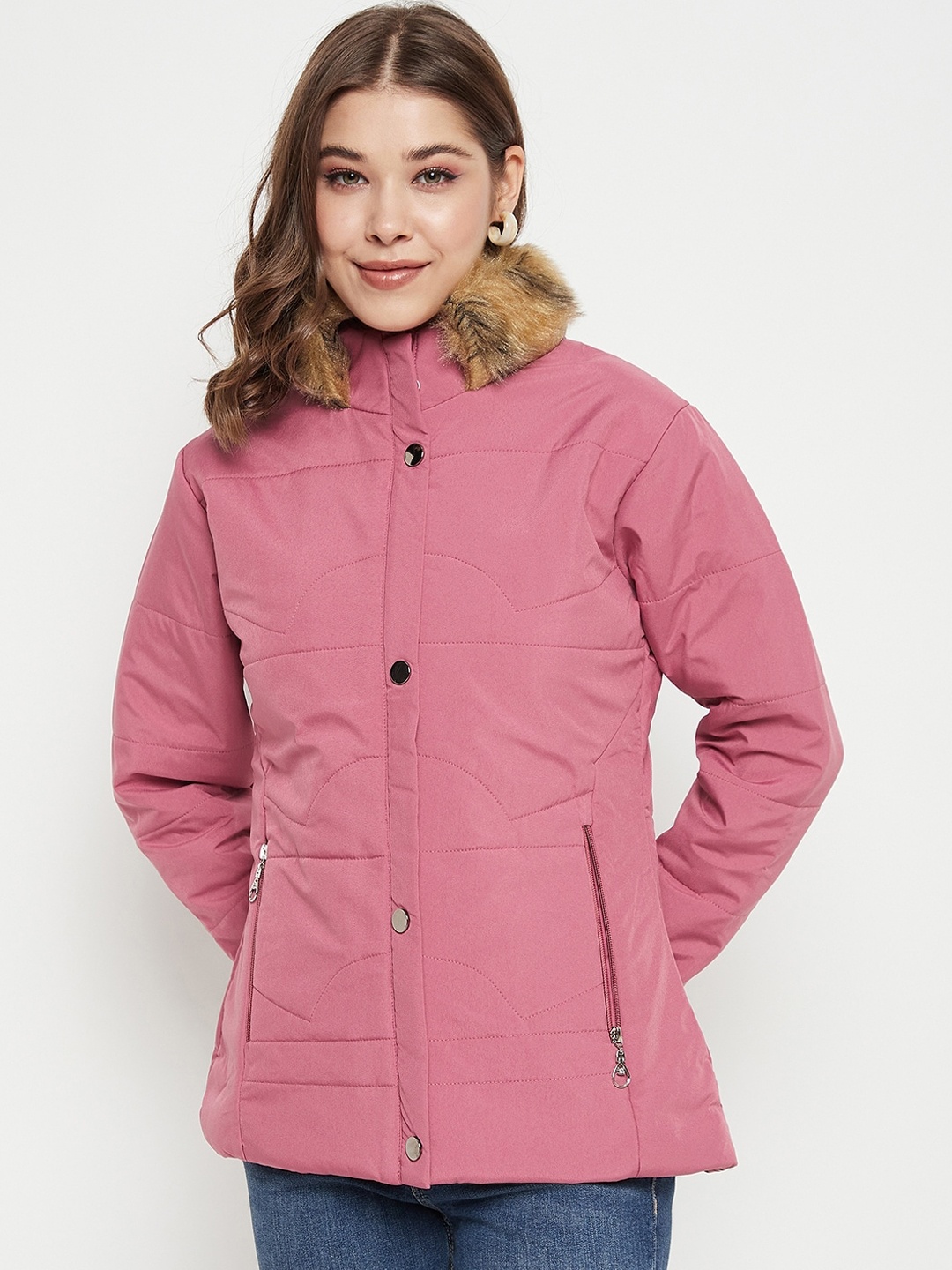

BETTER THINK Hooded Faux Fur Trim Lightweight Padded Jacket, Peach