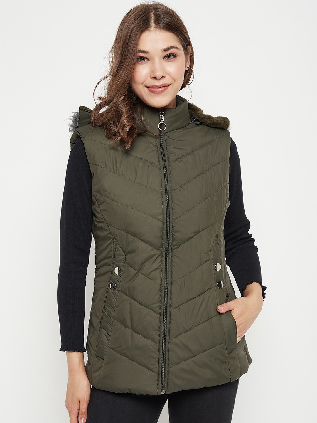 

BETTER THINK Sleeveless Hooded Faux Fur Trim Lightweight Padded Jacket, Olive