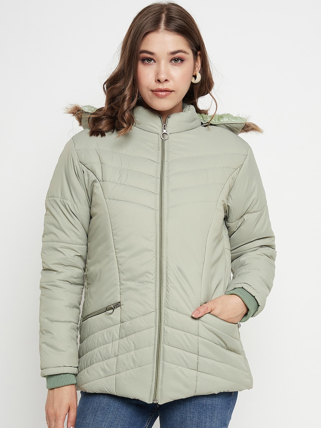 

BETTER THINK Hooded Faux Fur Trim Lightweight Padded Jacket, Green