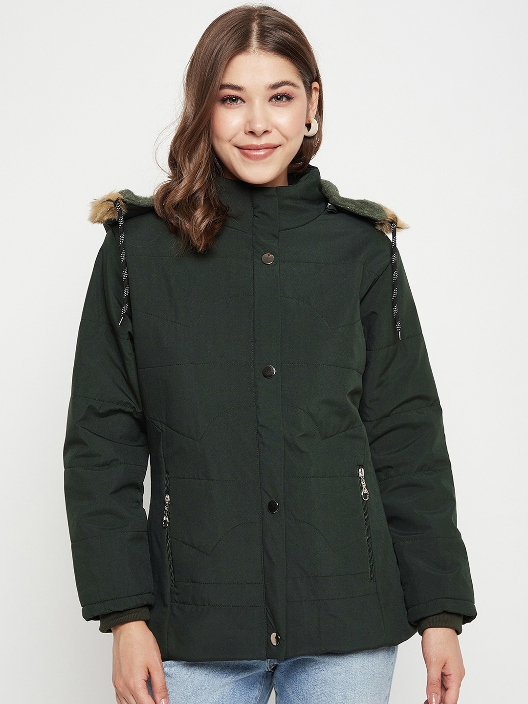 

BETTER THINK Hooded Faux Fur Trim Lightweight Puffer Jacket, Green
