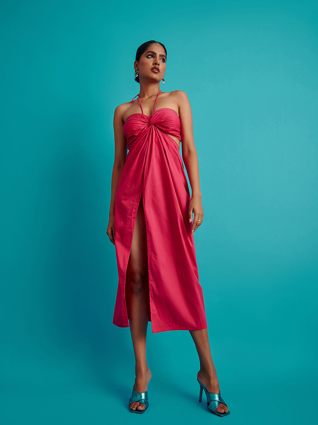 

THE CLOTHING FACTORY Halter Neck Smocked A-Line Midi Dress, Pink