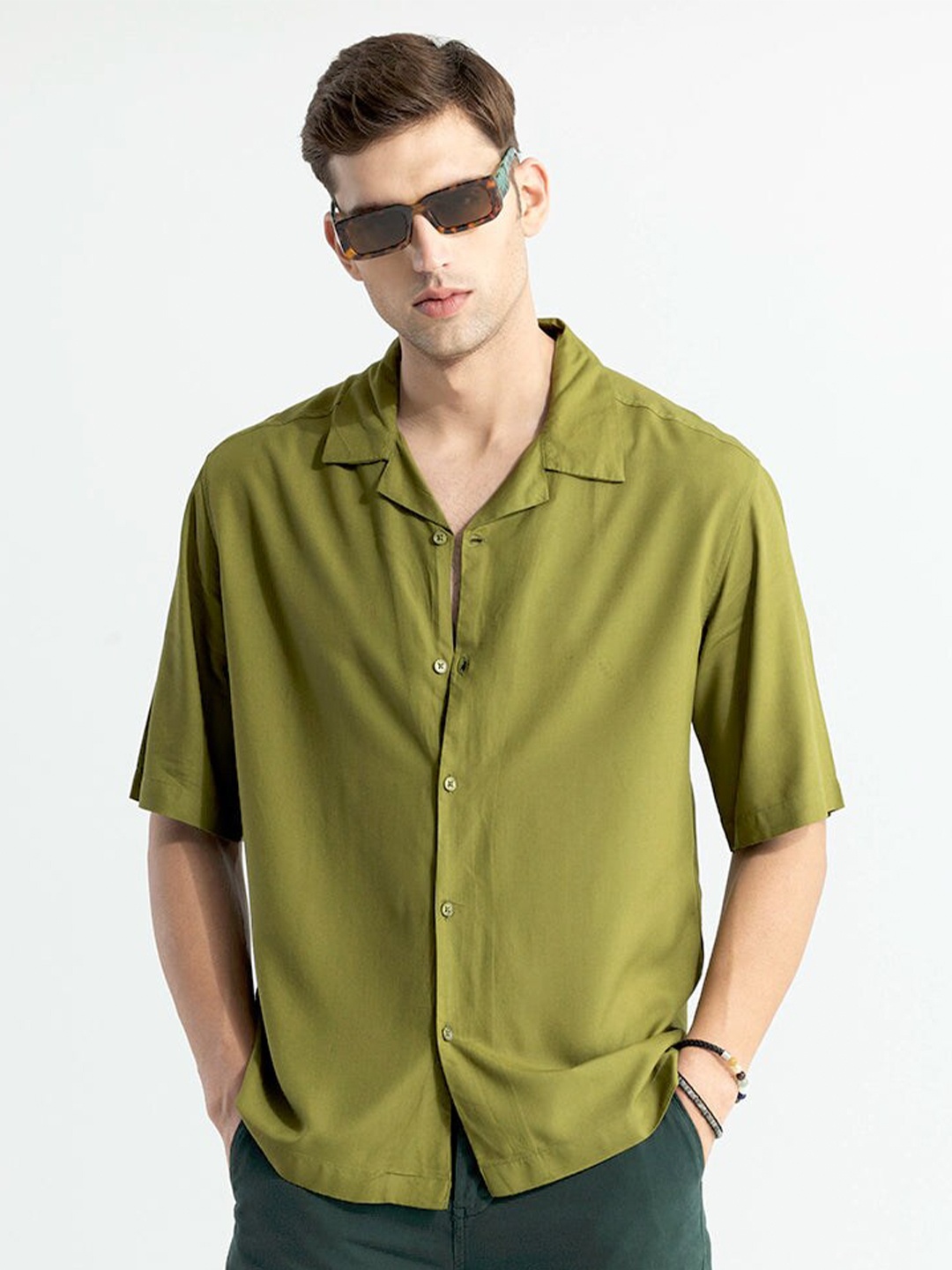 

Snitch Green Classic Oversized Opaque Casual Shirt