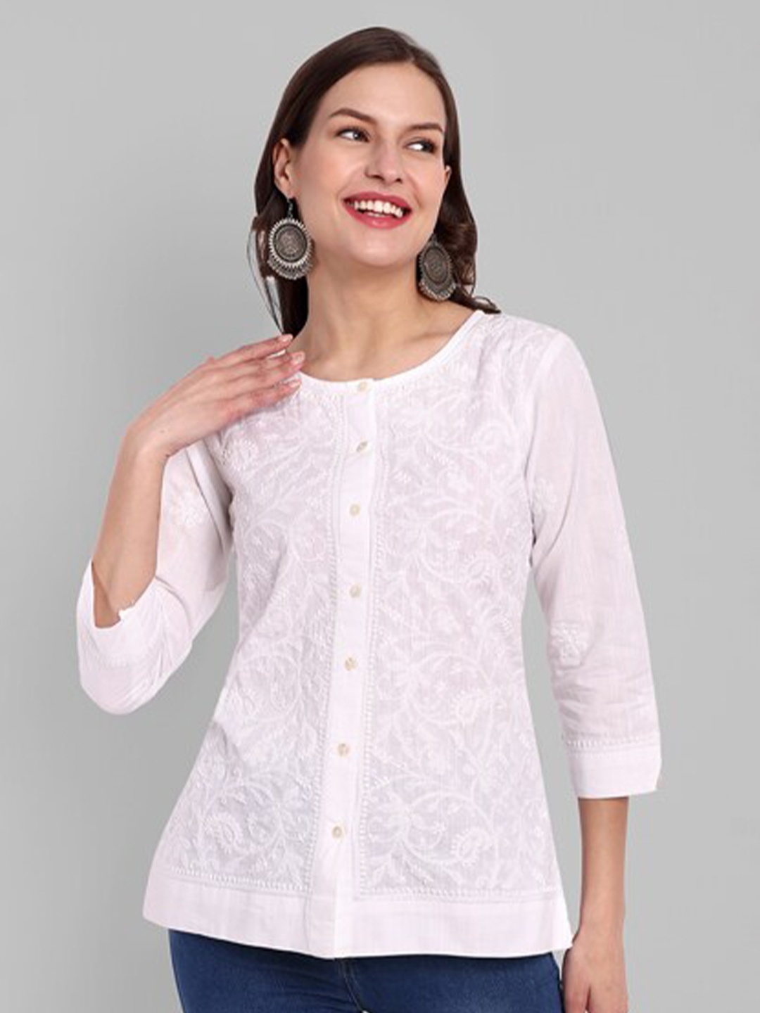 

ADA Ethnic Motifs Embroidered Chikankari Pure Cotton Shirt Style Top, White