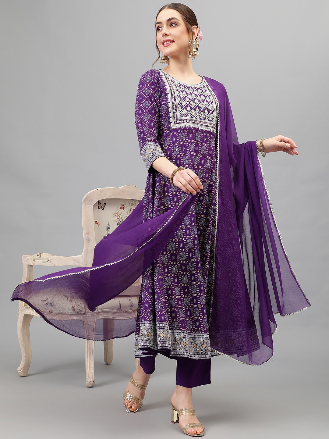 

Khushal K Floral Printed Thread Work Kurta With Palazzos & Dupatta, Purple