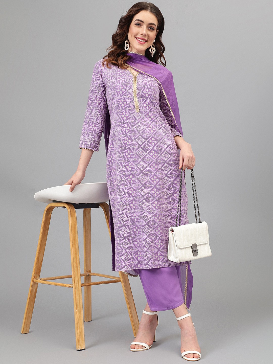 

Khushal K Bandhani Printed Regular Kurta with Palazzos & Dupatta, Purple
