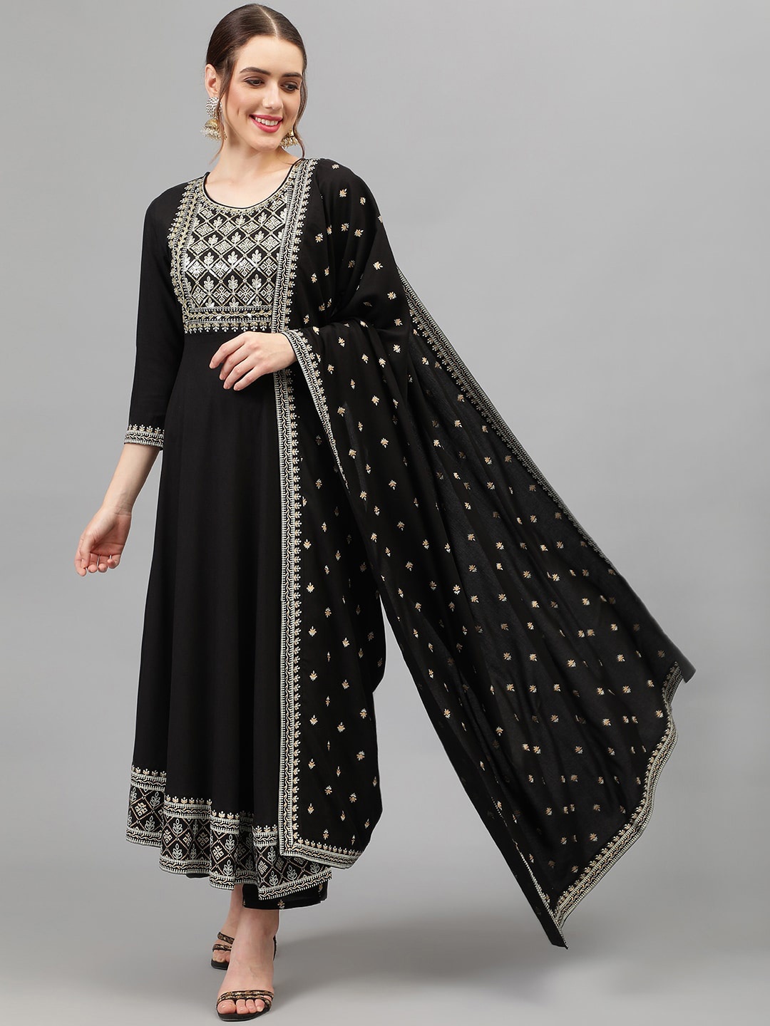 

Khushal K Floral Yoke Design Kurta With Palazzos & Dupatta, Black