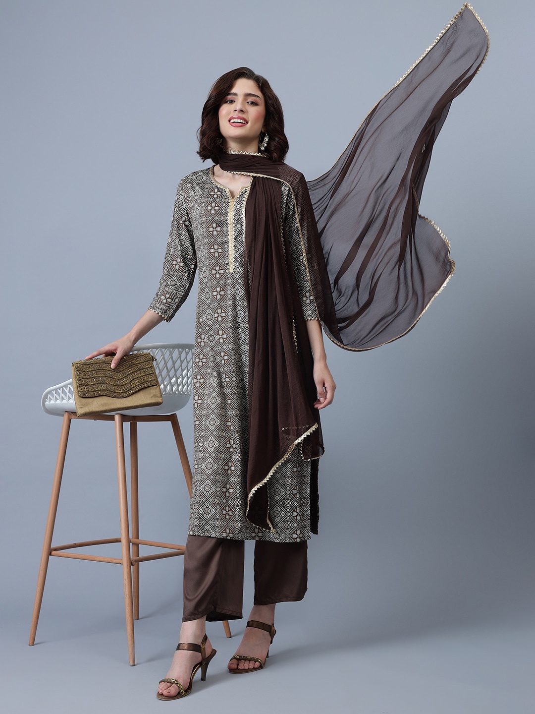 

Khushal K Bandhani Printed Gotta Patti Kurta With Palazzos & Dupatta, Brown