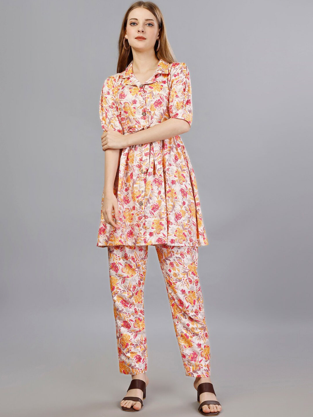

UDBHAV TEXTILE Floral Printed Tunic & Trousers Co-Ords, Orange
