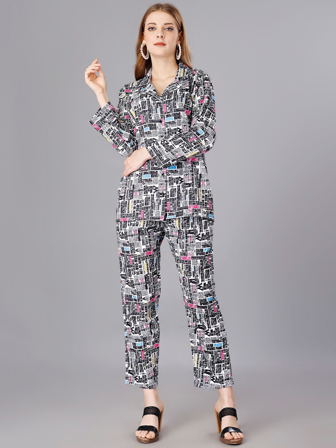 

UDBHAV TEXTILE Printed Shirt COllar Tunic With Trousers Co-Ords, Black