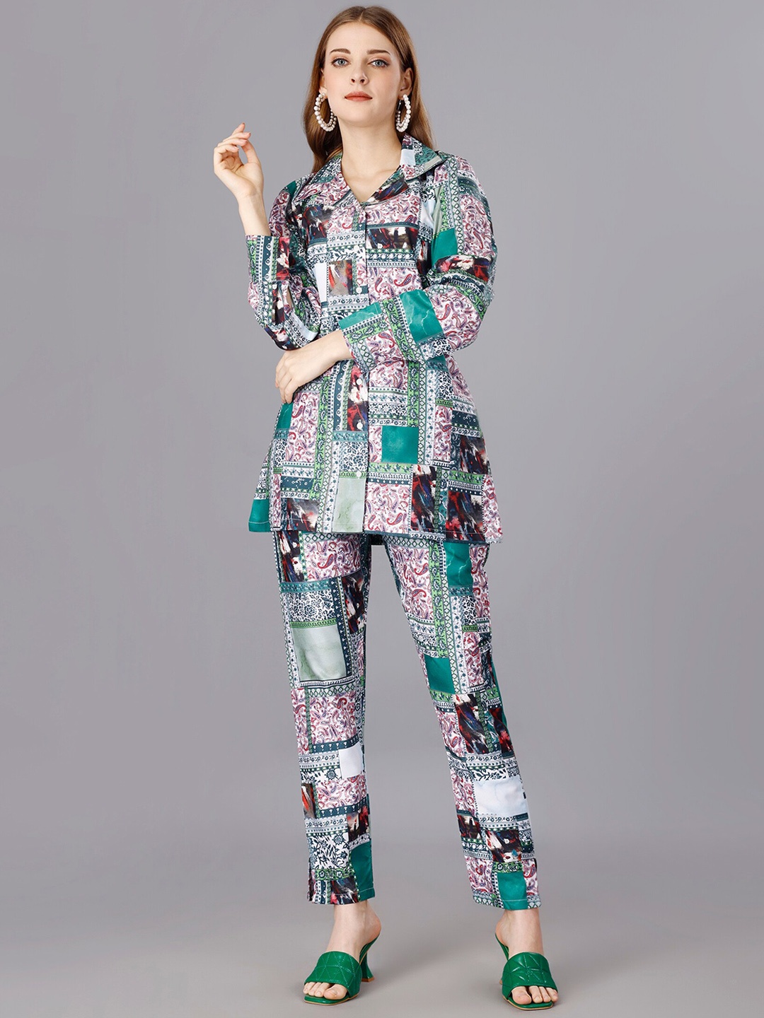 

UDBHAV TEXTILE Printed Notched Lapel Collar Long Sleeve Co-Ords With Belt, Grey