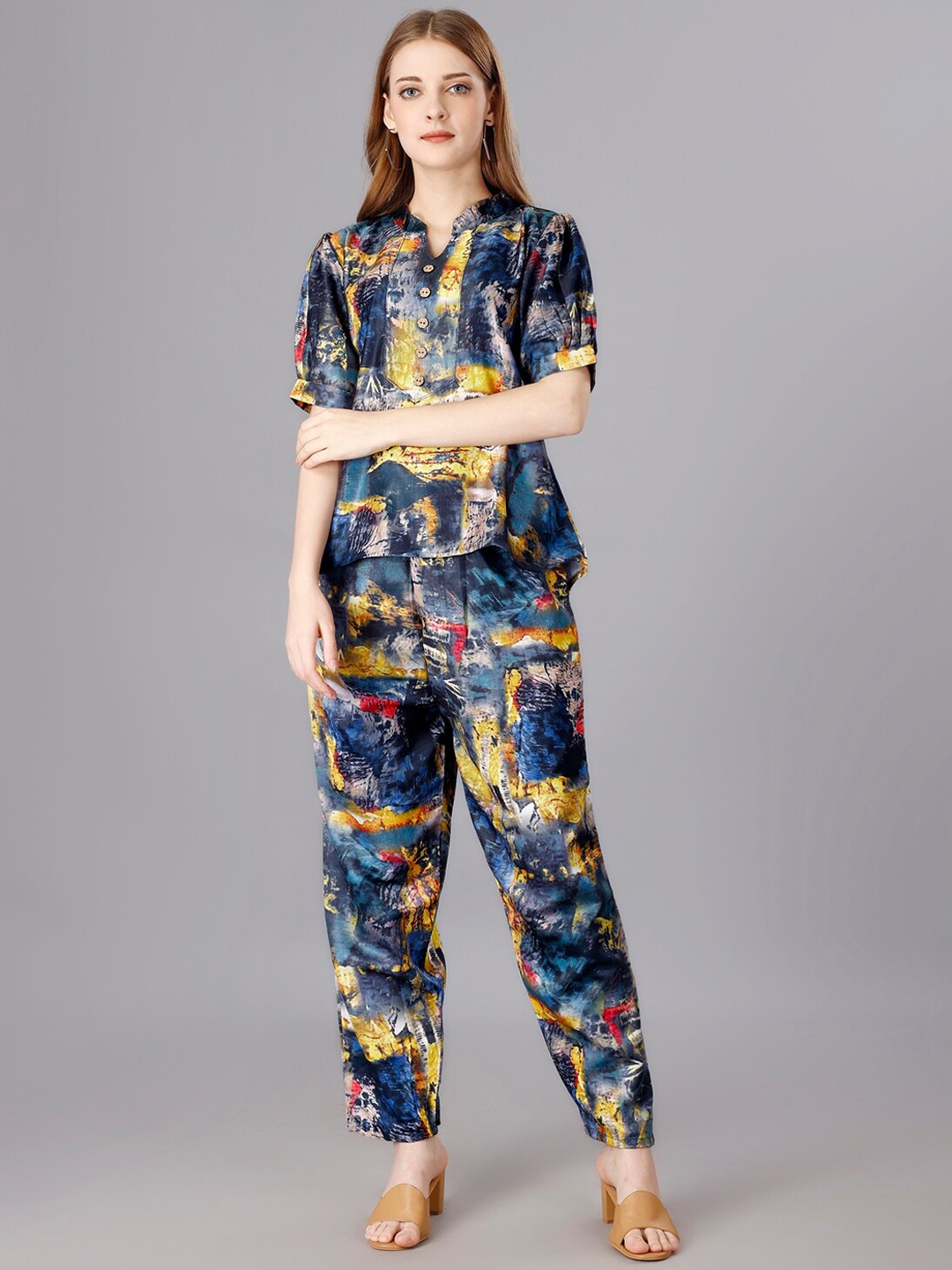 

UDBHAV TEXTILE Printed Mandarin Collar Short Sleeves Co-Ords, Navy blue