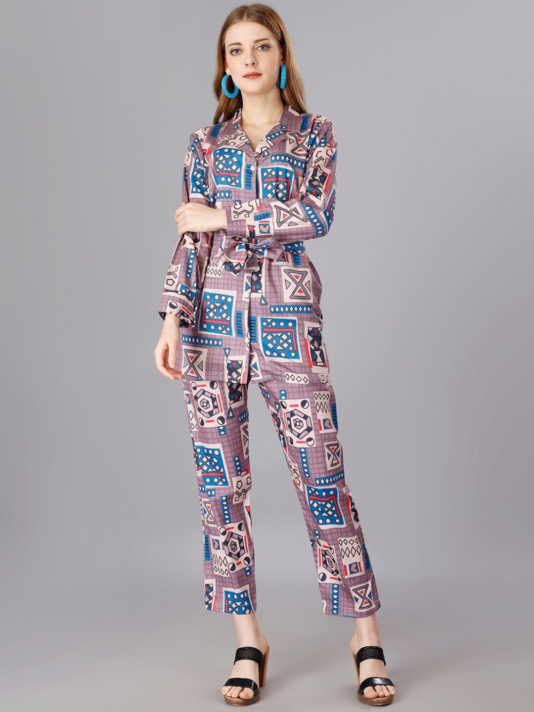

UDBHAV TEXTILE Printed Notched Lapel Collar Long Sleeve Co-Ords With Belt, Lavender